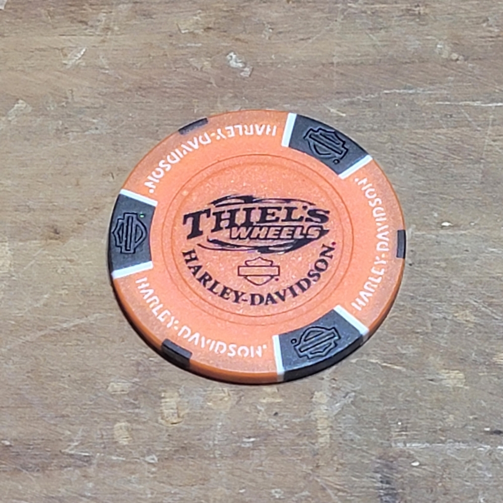 Harley-Davidson Poker Chip - Thiel's Wheels Upper Sandusky Ohio Orange Black